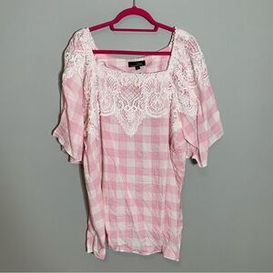 NEW Suzanne Betro Pink and White Picnic Plaid Checkered Lace Blouse‎ Shirt Top